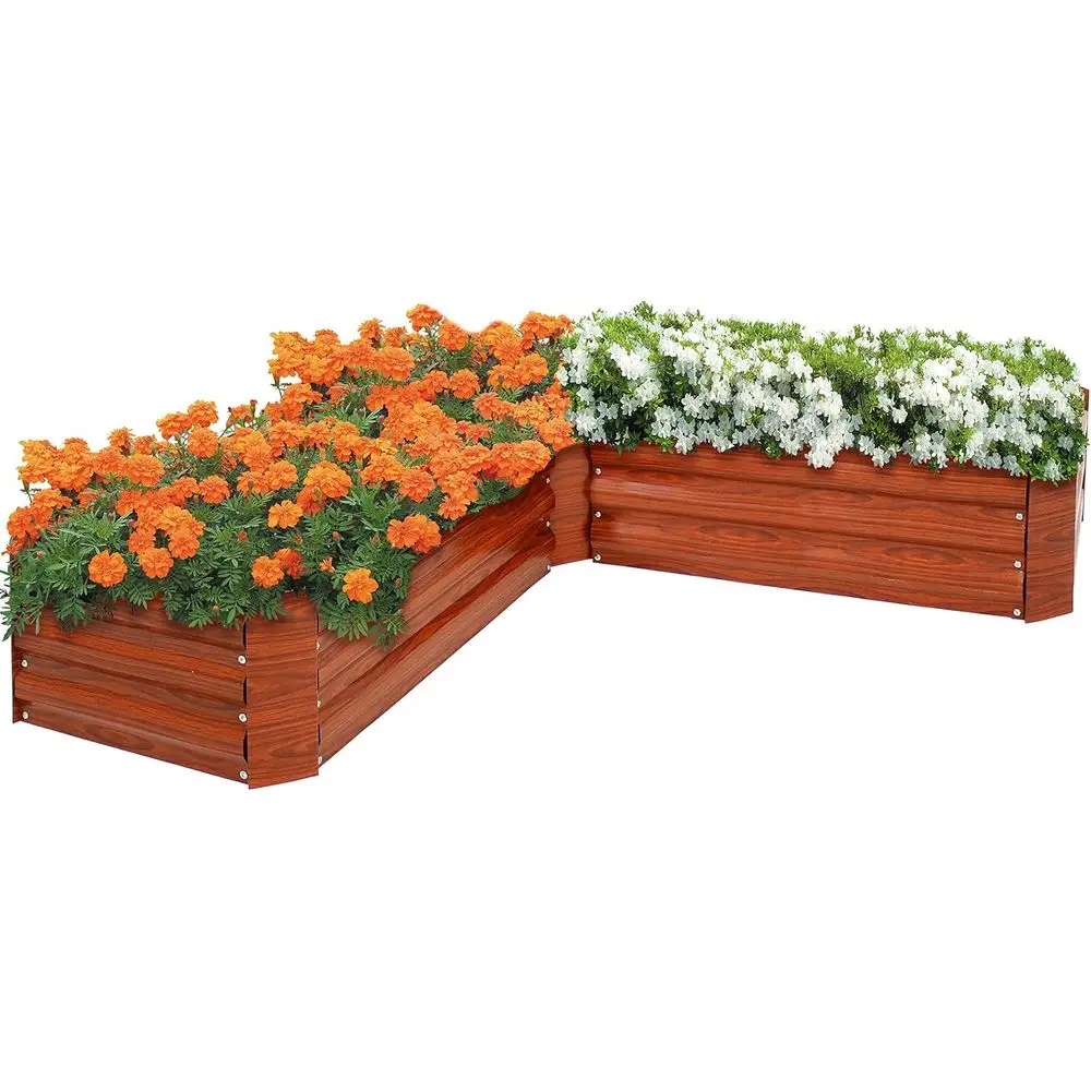 5x5x1ft Outdoor L-Shaped Metal Raised Garden Bed Kit - Woodgrain Finish, Suitable for Plants, Flowers, Herbs, and Vegetables