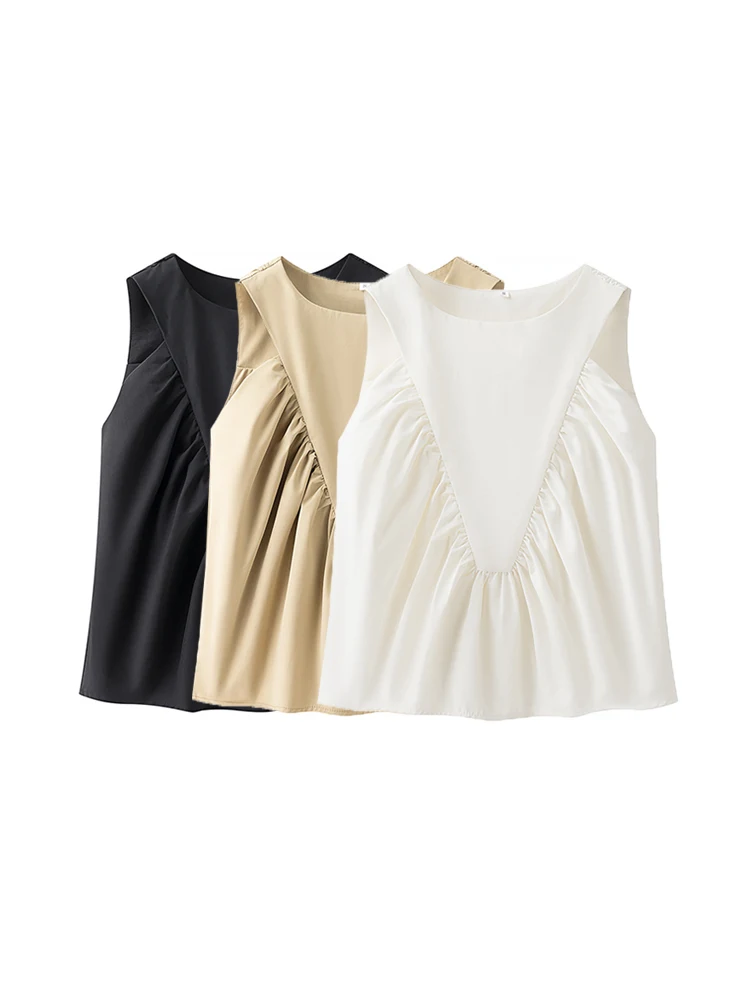 

GELITAYIN Women's Fashion Pleated Blouse Sleeveless O-Neck Chic Top Female Shirt Trendy Garment