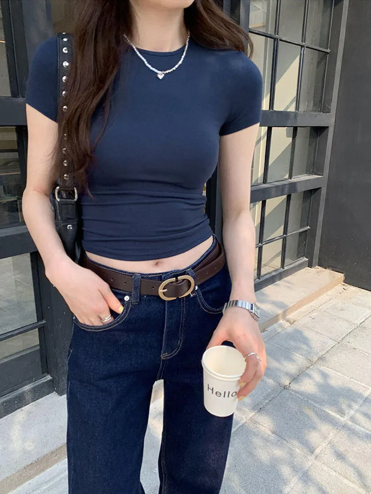 Basic Solid Crop Top Short Sleeve Crewneck Skinny T-shirt Summer Casual Tee for Women y2k Vintage Top Harajuku Streetwear - Image 5