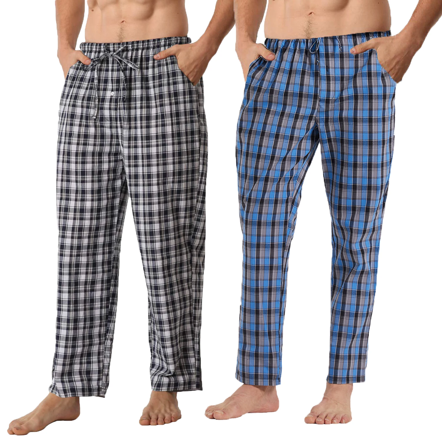 

2 Pack Mens Pajama Pants, Summer Cotton-Poly Blend with Pockets & Elastic Waistband, Plaid Lounge Sleepwear (M-XL)