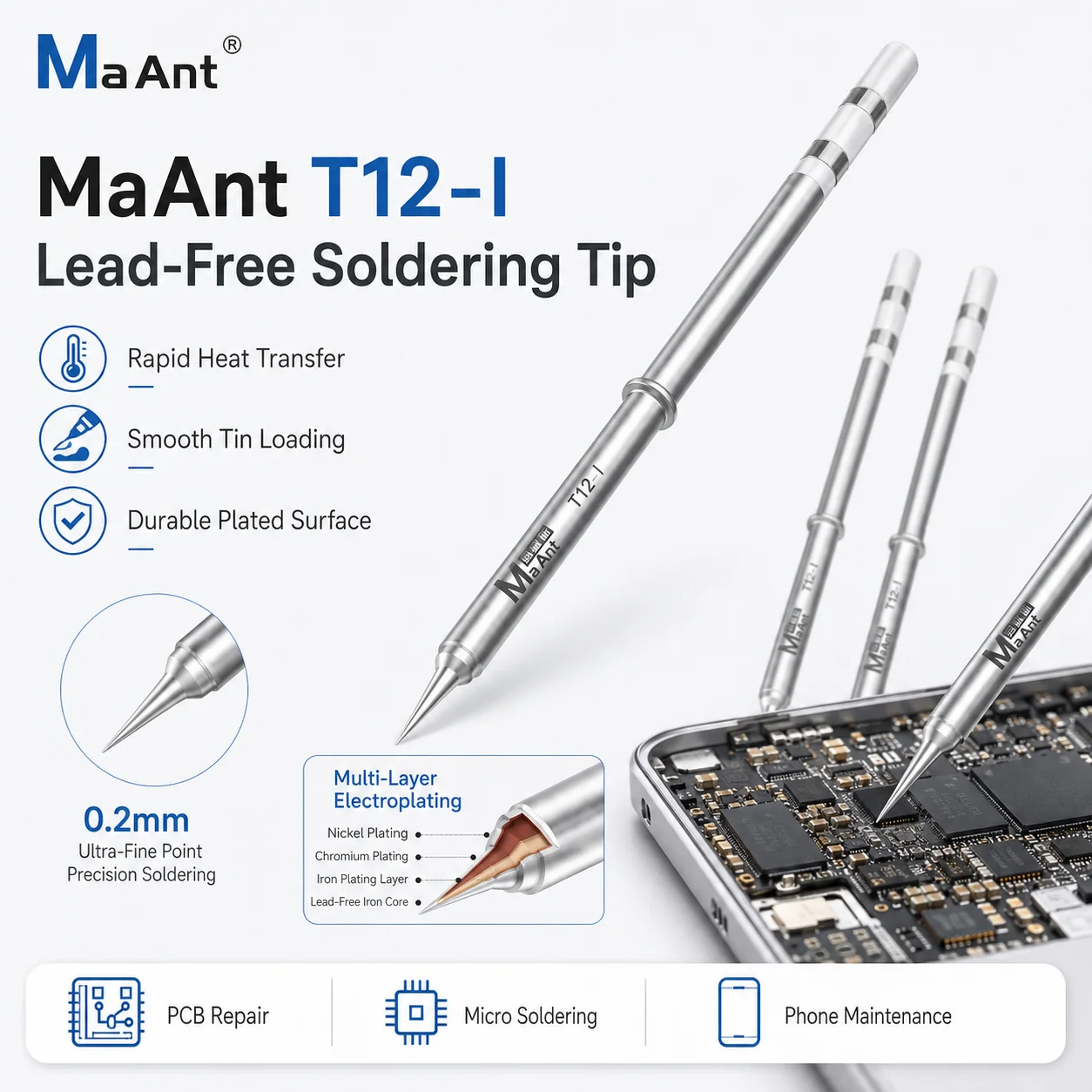 MaAnt T12 Soldering Iron Tip Blade Fast Heating LeadFree Drag Soldering Flying Wire Filling Point Electronic Repair Tool Kit Pro