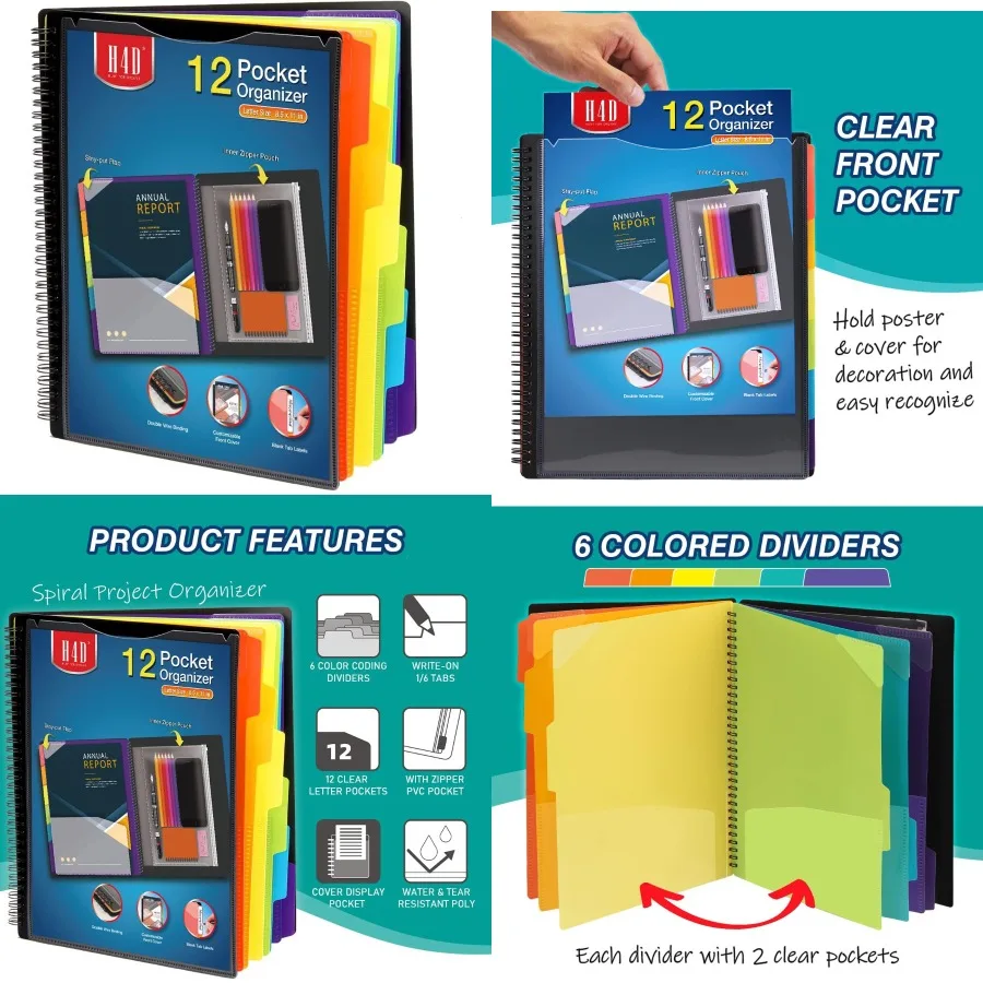 

H4D 12-карманный органайзер для проектов, спиральный органайзер для папок с несколькими карманами для школы и офиса, многоэтажная папка для ноутбука