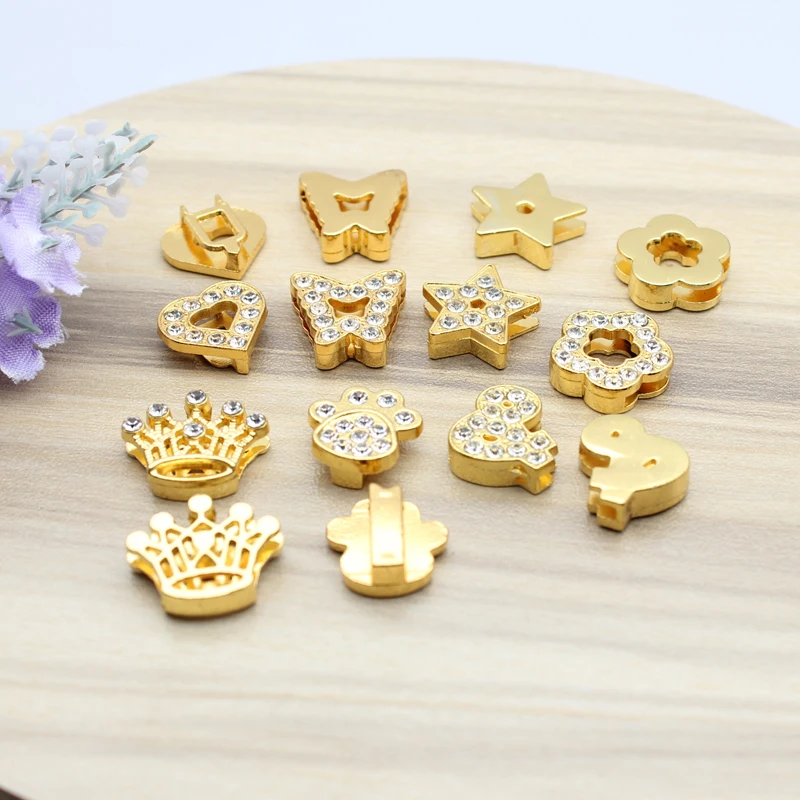 10PC/lot 10MM rhinestones gold color paw heart star butterfly crown Slide Charm For 10mm DIY Bracelet Wristband Jewelrys Making