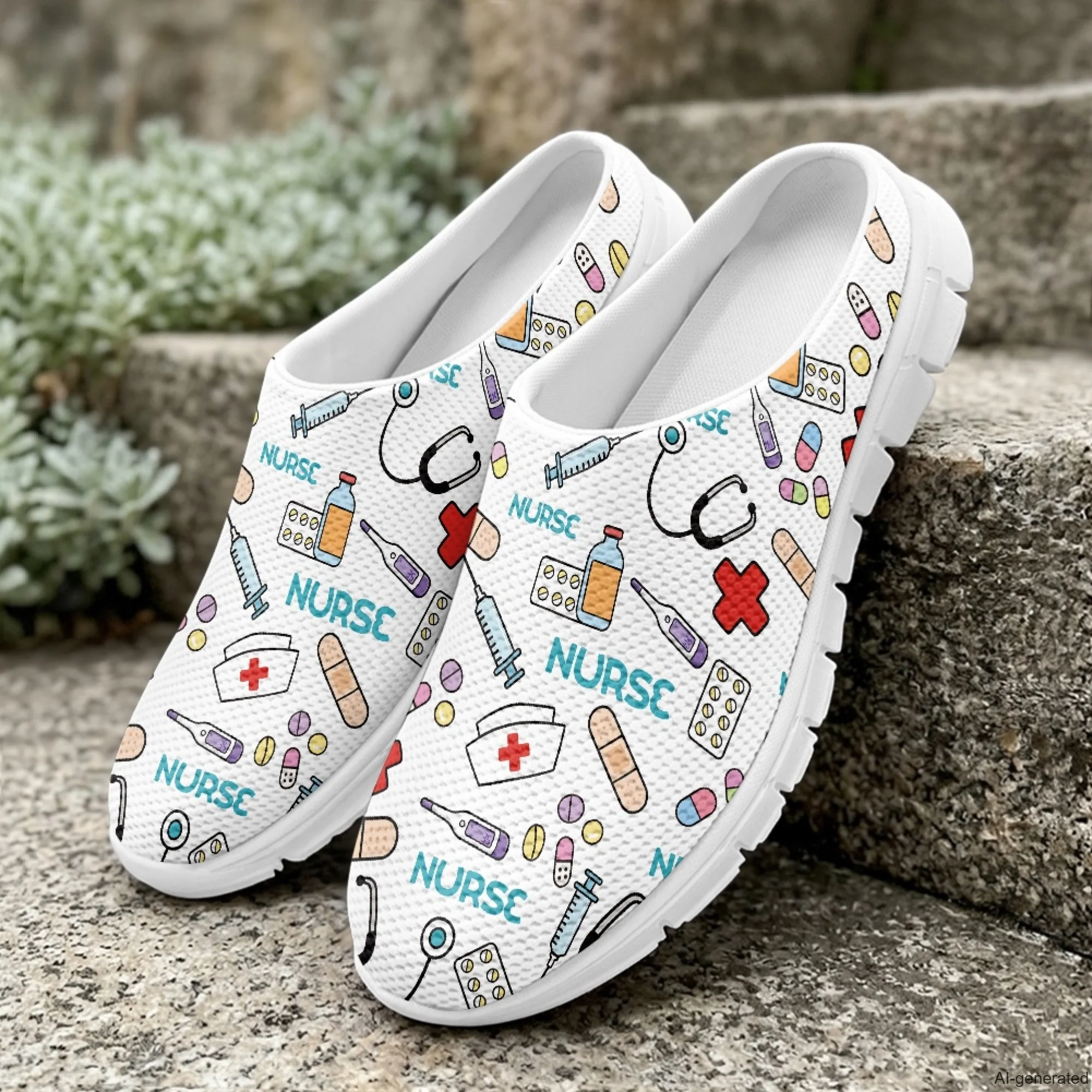 XIXIRIMIDO Casual Shoes Medical Pattern Nurse Shoes Versatile Sports Women's Slippers Breathable Mesh Men's Walking Shoes 35-48