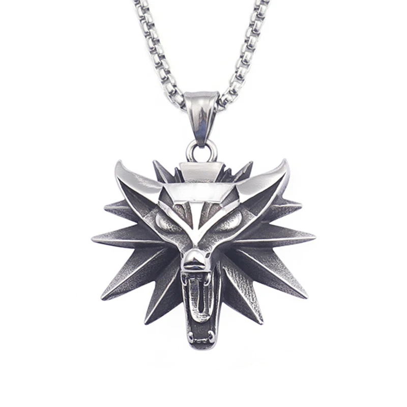 Edelstahl Mittelalterliche Dreifach-Wolfskopf-Anhänger-Halskette für Männer und Frauen Vintage Fantasy Schutzamulett Schmuck Geschenk