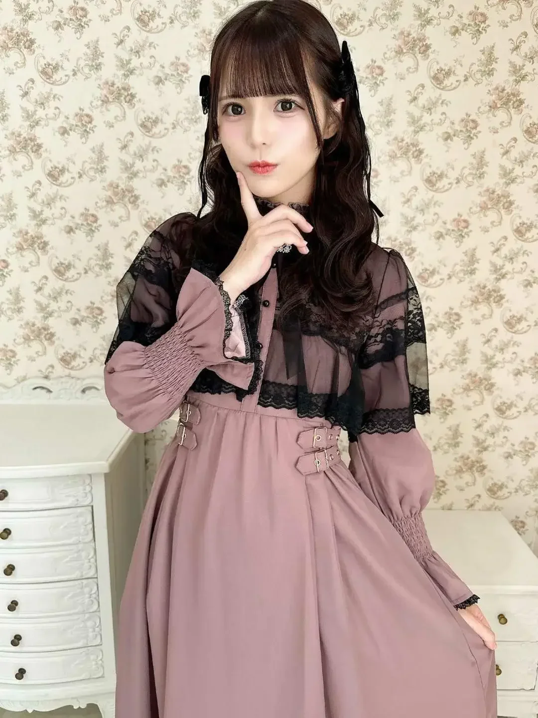 Japanese Rojita Dress Lolita Sweet Bow Brooch Mine Cover Yarn Cape Long Dress Women's Autumn New Lace Splicing Long-sleeve Dress