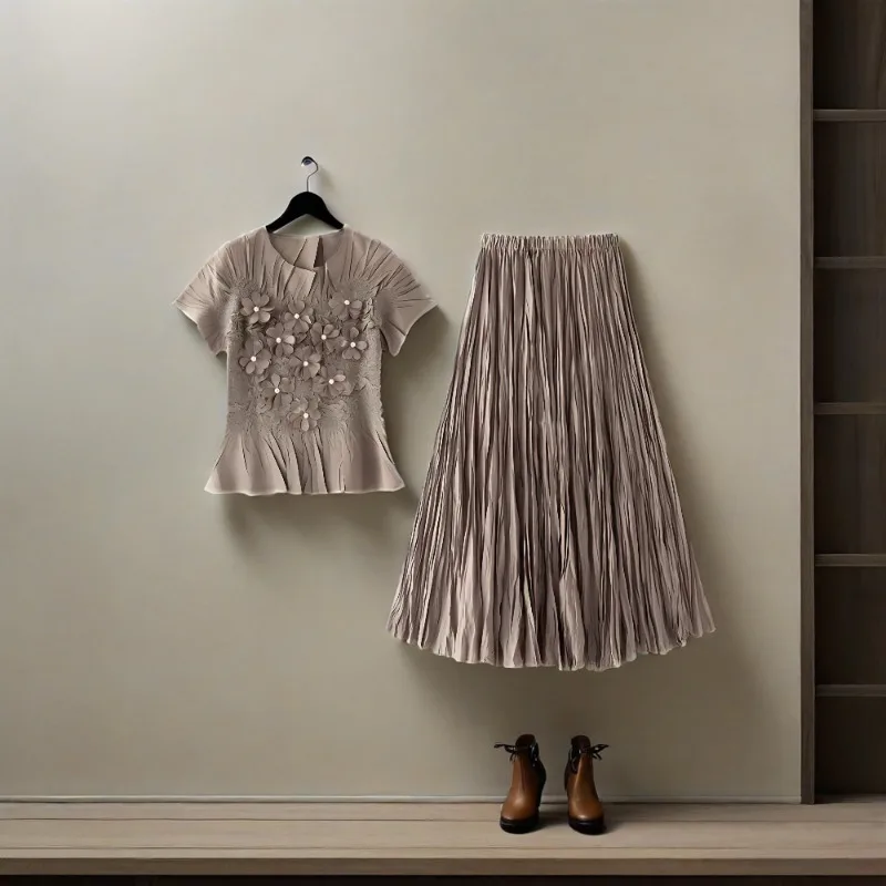 

Miyake Pleated Skirt Set Handmade Pearl Stacked Flower Set 2025 Summer New T-shirt Oversized Hem Messy Pleated Half-body Skirt