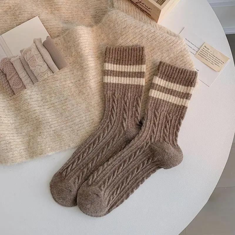 5/10 Paar Damen Herbst-Winter gestreifte mittelhohe Socken, warm, bequem, modisch, College-Stil, dreidimensionale Textur, lässige Socken – Detail 15