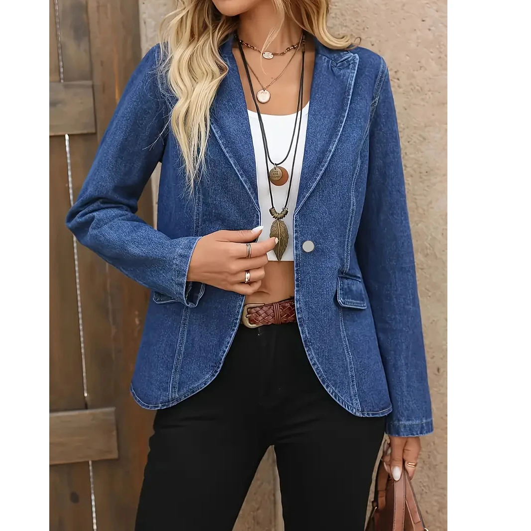 

Women's Denim Blazer Jacket Plus Size Casual Long Sleeve Notched Lapel Single Button Streetwear Fashion for Spring Autumn