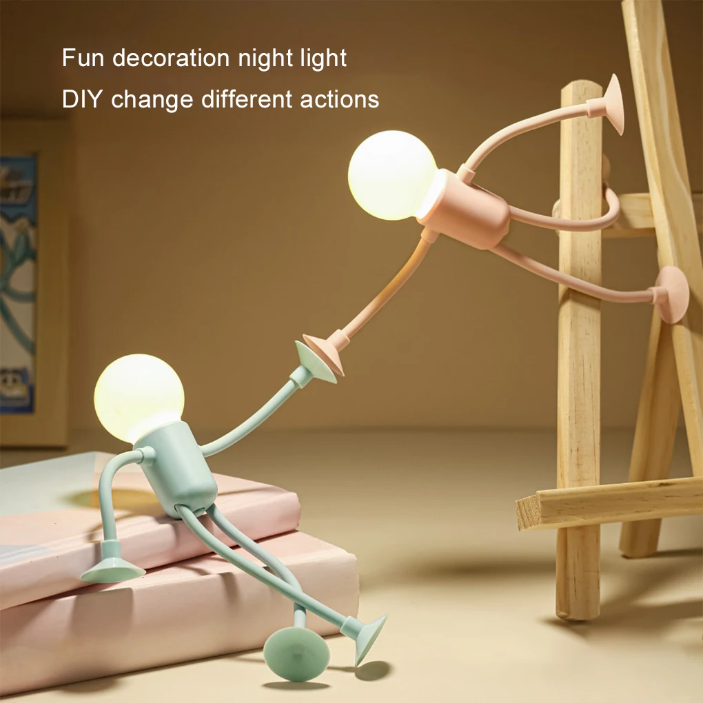 Cute Cartoon Sportsman Night Light Mini Portable Bulb Man Suction Cup Night Lights Bendable Desk Lamp for Tabletop Shelves Decor