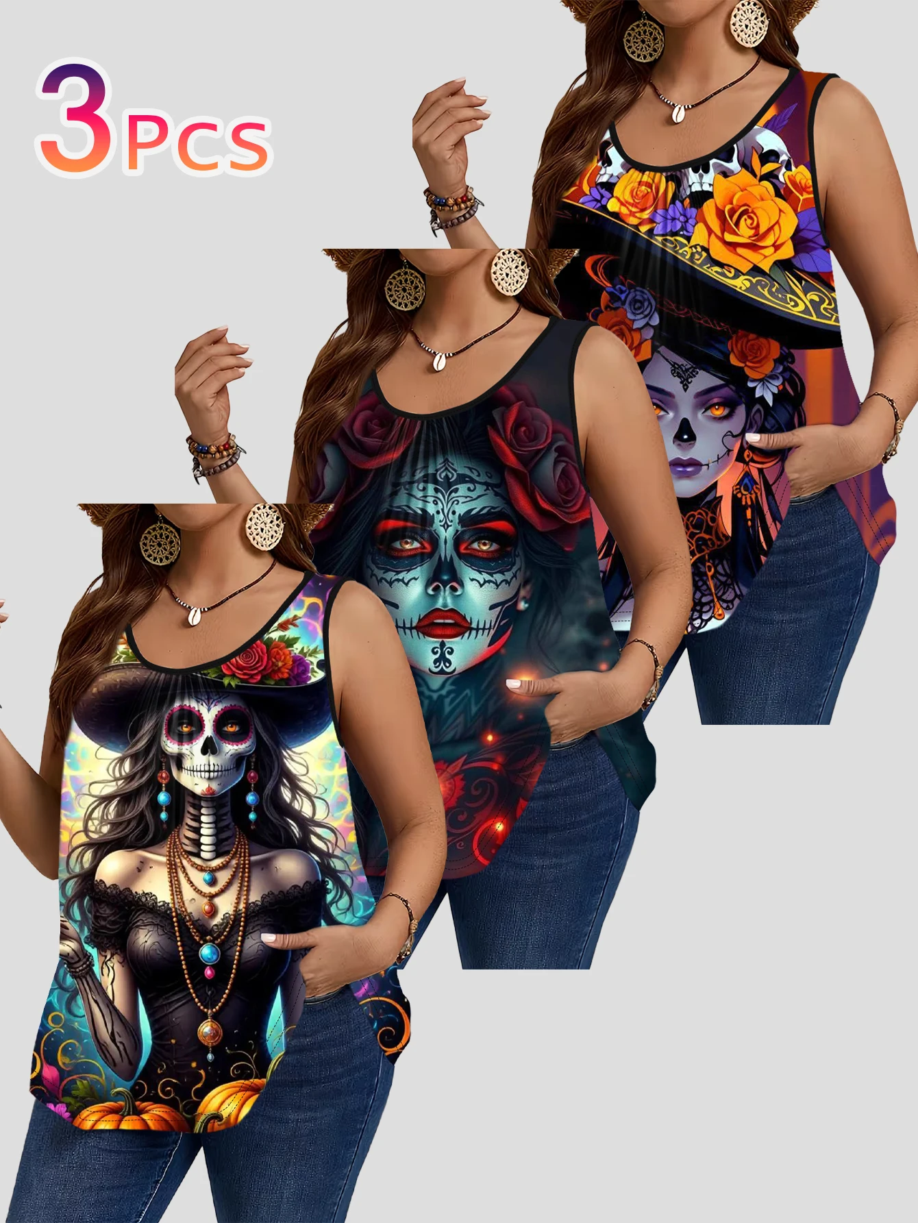 Conjunto de 3 piezas de chalecos para mujer de talla grande con sombreros de ala ancha de estilo mexicano para el Día de Muertos, estampado floral de calavera de azúcar, motivos de belleza, rosas y calabazas, y tops holgados sin mangas.