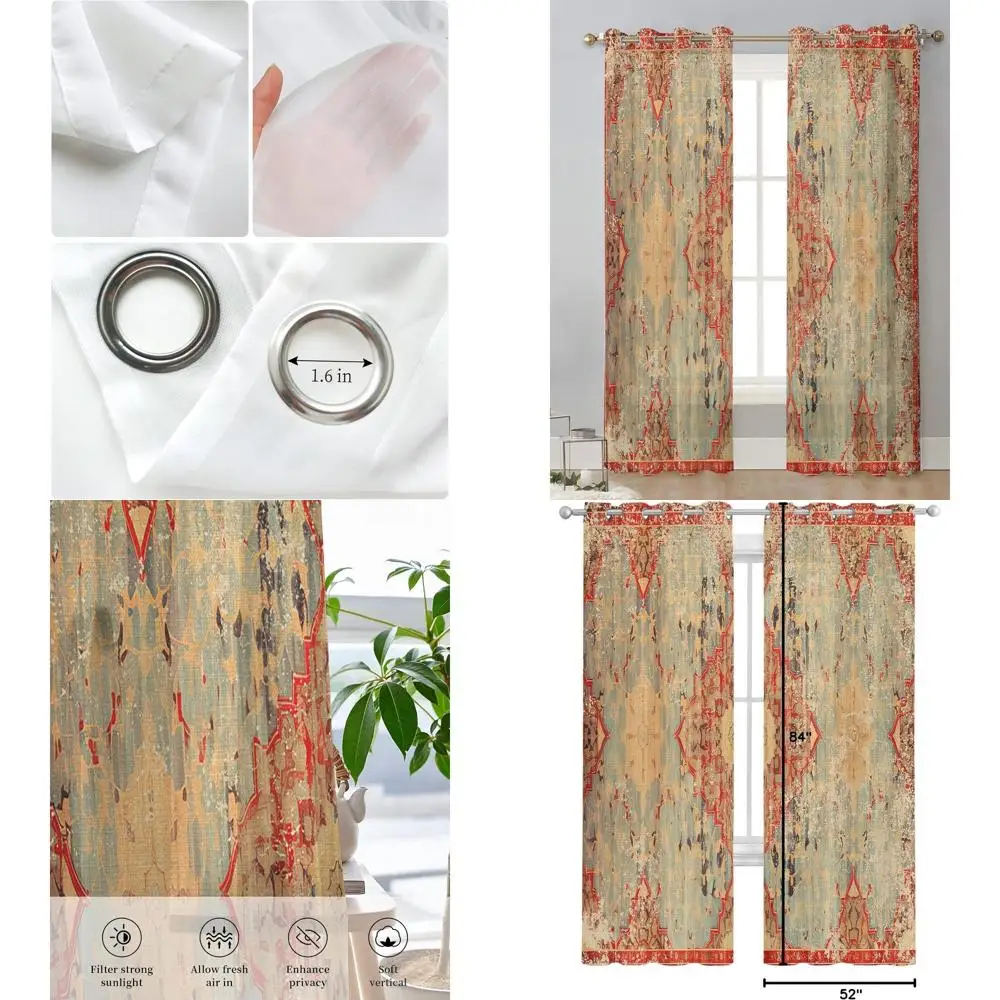 

Sheer Boho Curtains, 84 Length, 2-Panel Set with Grommet for Kitchen, Living Room, Bedroom - Rustic Floral Privacy Drapes in Ora