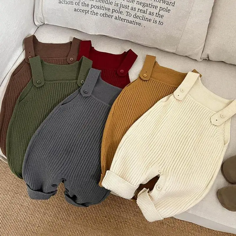 

Solid Newborn Boy Girl Casual Strap Jumpsuit Kids Overalls Infant Toddler Clothes 2025 Autumn New Baby Sleeveless Knitted Romper