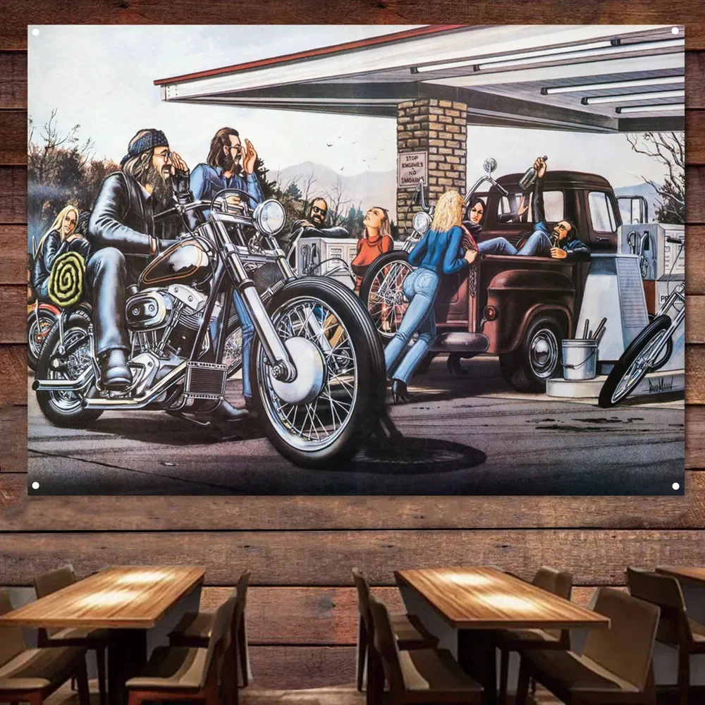 Bannière de peinture de moto de station-service pour la décoration murale, affiche de garage rétro, 
