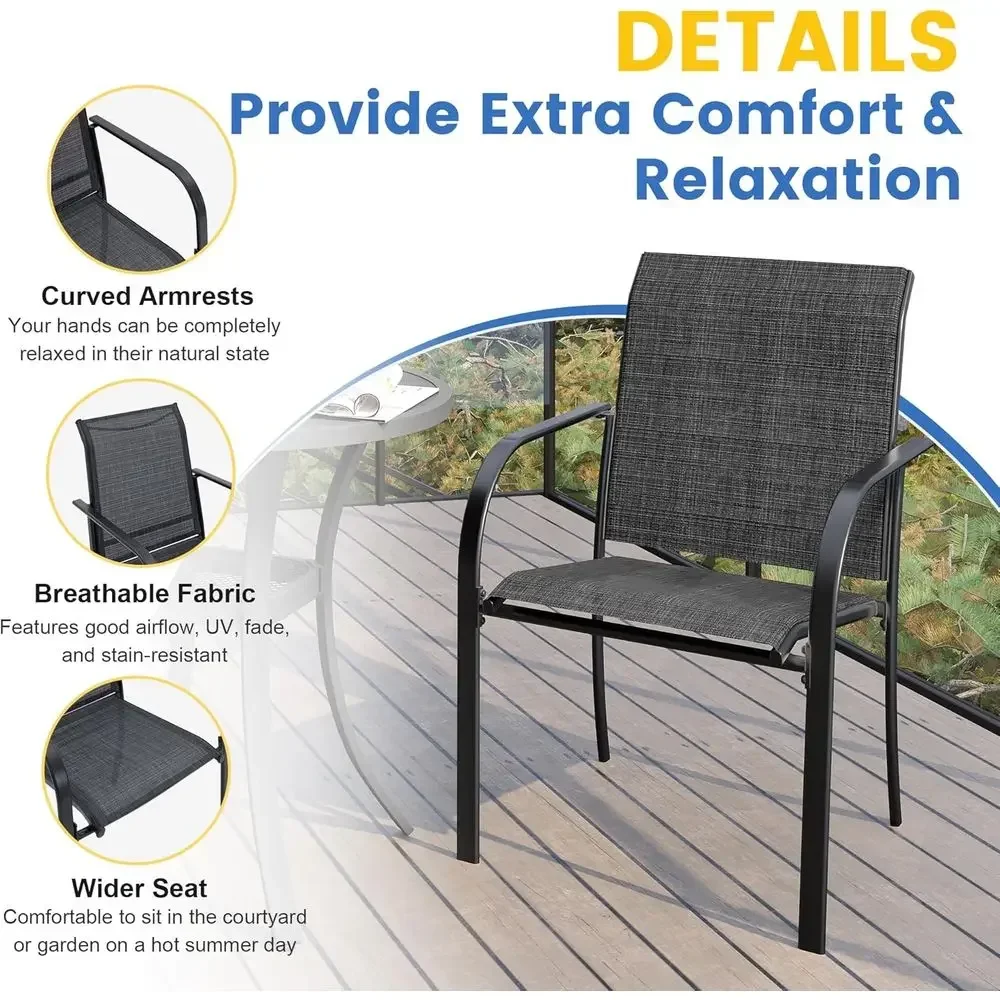 5-Piece Patio Dining Set: Square Table with 4 Stackable Sling Chairs, Grey Wood Grain & Fabric