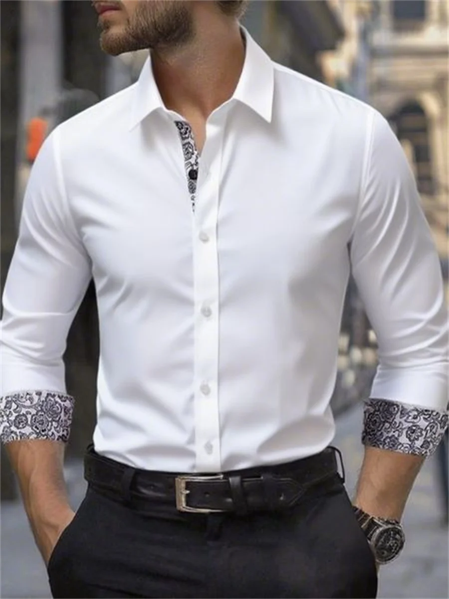 Men's long-sleeved casual shirt with new fashion design, solid color contrast color and elastic fabric for business and leisure