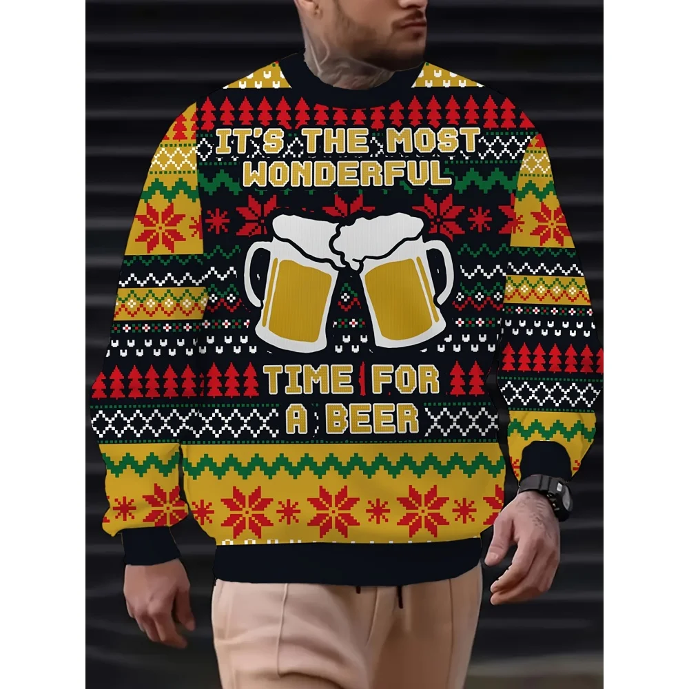 Men's Sweatshirt Letter Beer Print O-Neck Fashion Long Sleeve Hoodies for Man Casual Sports Festival Party Outdoor Men Clothing