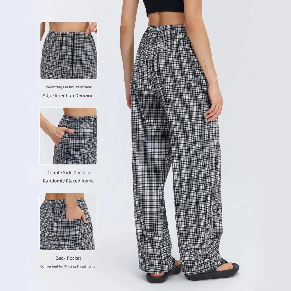 Nylon Bubble Grid Pattern Wide-Leg Pants for Women, Elastic Drawstring High-Waisted Straight Casual Long Pants, Breathable Four-Way Stretch Home Yoga Walking Pants with Pockets, Floor-Length Pants