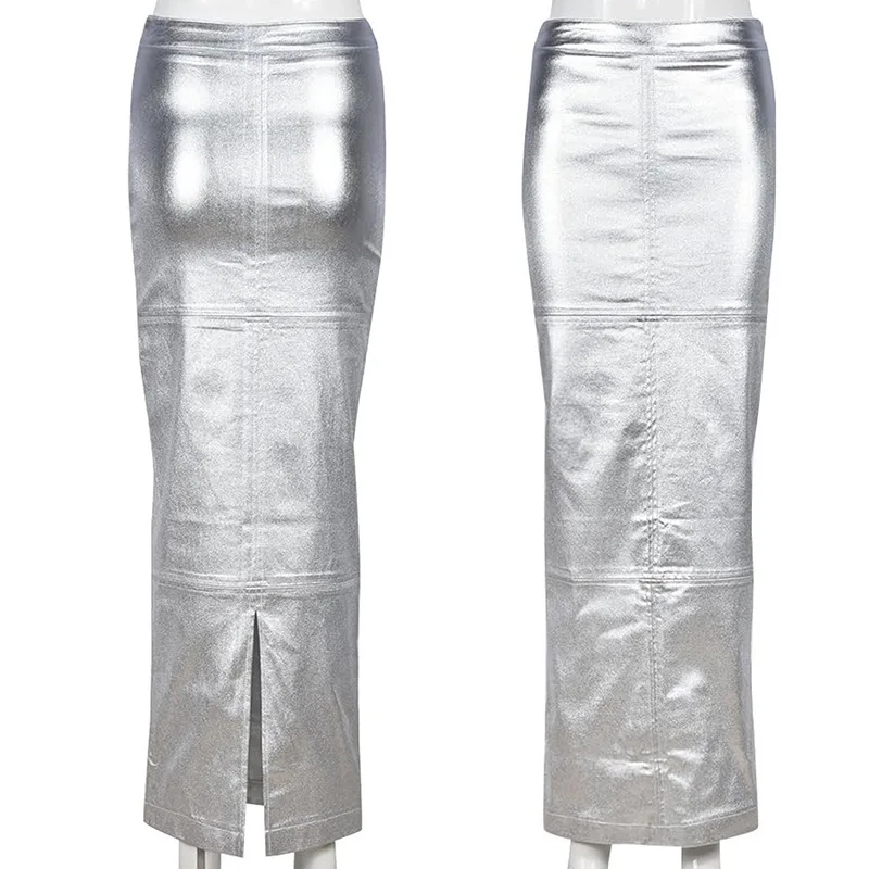Women's Patent Leather Half Skirt Autumn and Winter New Bright Bread Buttocks Half Skirt Silver High Waisted Split Skirt
