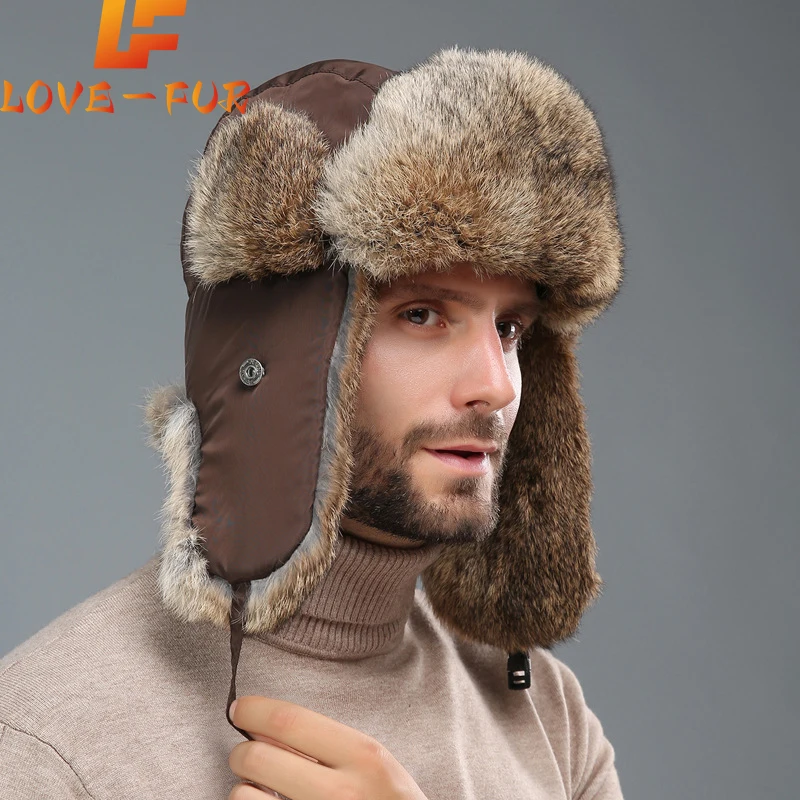 Russia Winter Real fur Hat Unisex Outdoor Windproof Super Warm Real Rabbit Fur Bomber Hats Natural Soft Natural Rabbit Fur Caps