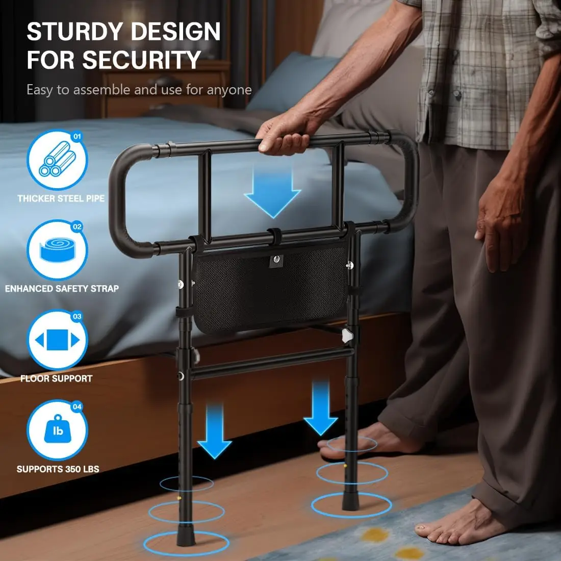 Adjustable Heights& Extendable Bed Side Rail, Foldable Bed Assist Bar, Heavy Duty for Senior, Fits King, Queen, Full, Twin for 1