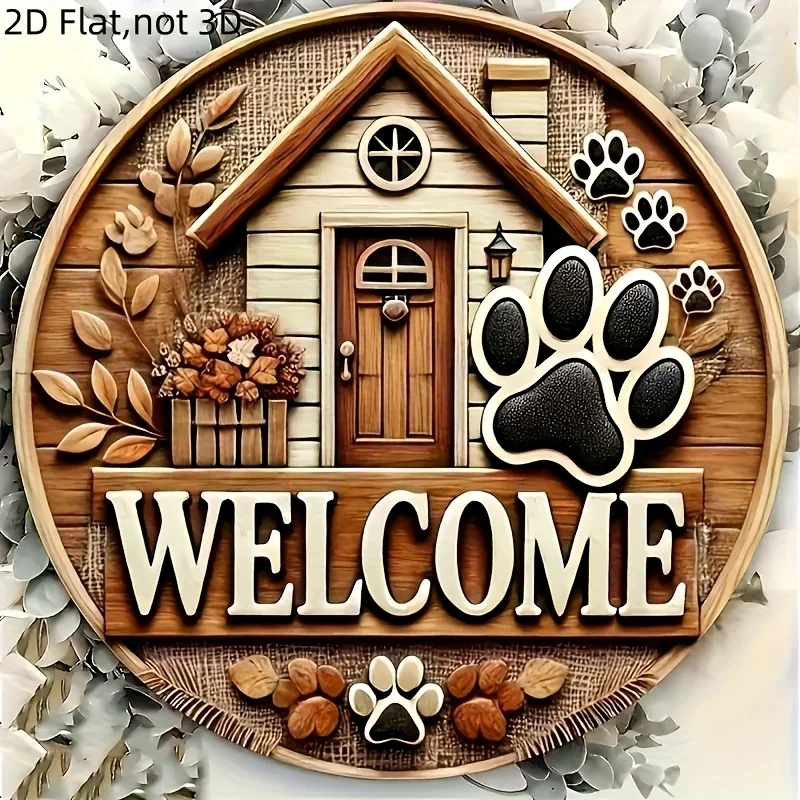 2D Flat - 1pc Classic Wooden Paw Print Welcome Sign | Round Pet Lover Gift, Non-Electric Animal Theme Door Wall Decoration, with view 3