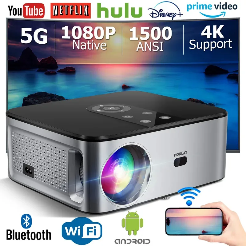 HORLAT T3N LED Projector 1500 Ansi Lumens Android 4K Full HD 1080P Video 8K Home Theater Automatic Keystone Correction 5G WiFi P