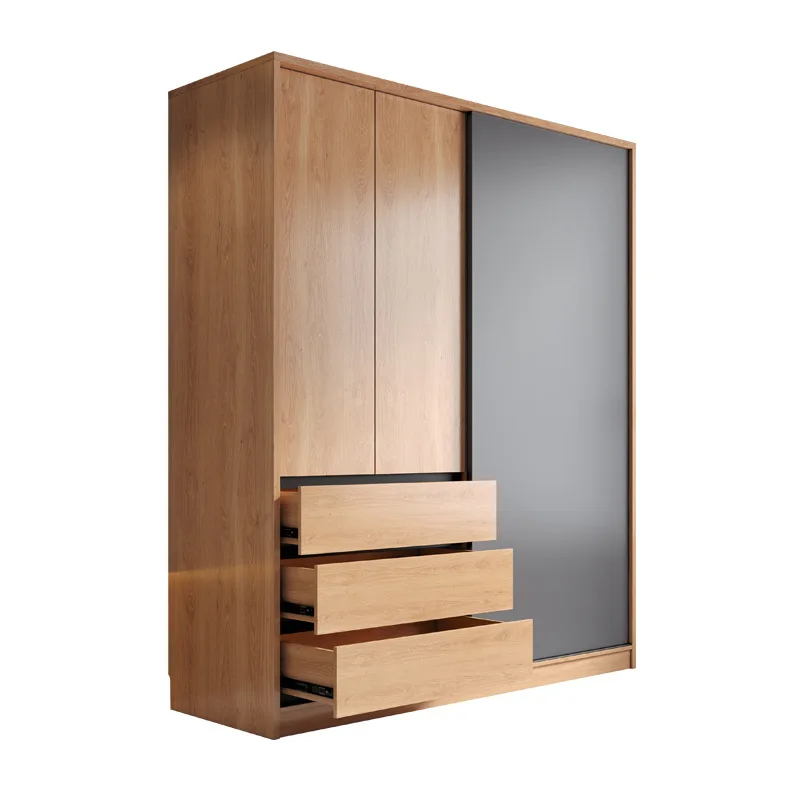 Modern minimalist solid wood wardrobe, household sliding door, particle board bedroom, natural wood color storage wardrobe