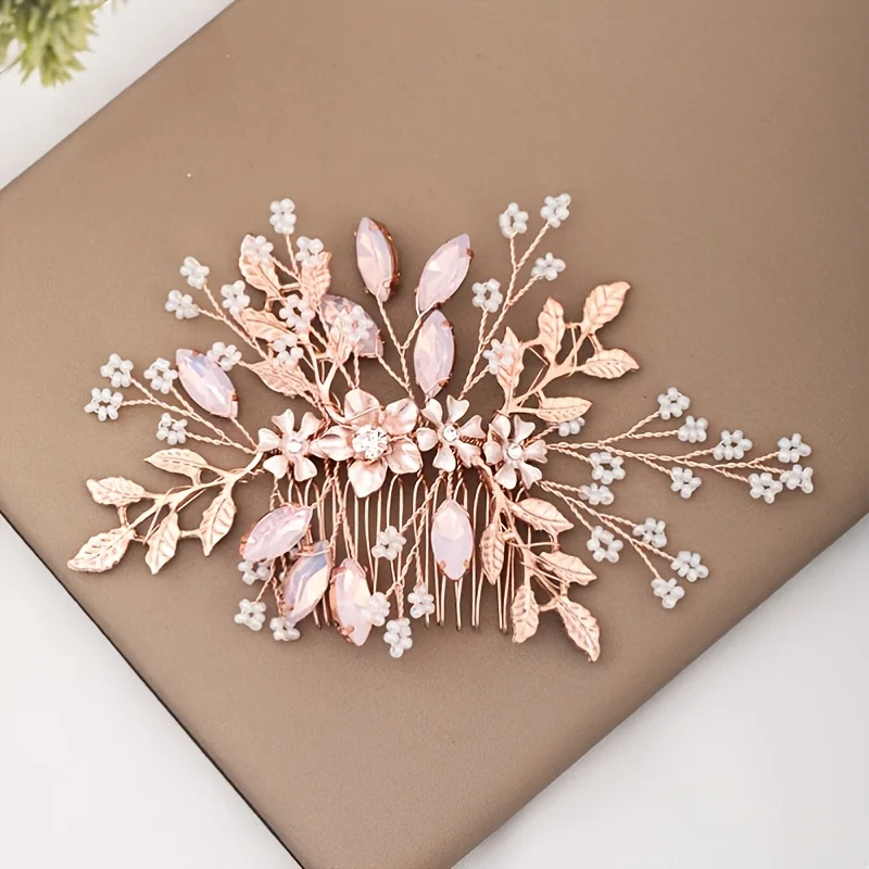 Rose Gold Color Crystal Pearl Flower Leaf Hair Comb Clip Hairpin Headband For Women Bride