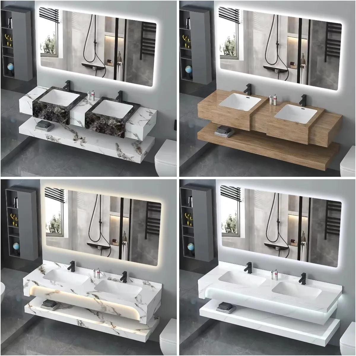 @#Modern Luxury Double Sink Hotel Bathroom Wall Cabinet LED Touch Illuminate Mirror Marble Countertops Waterproof Storage