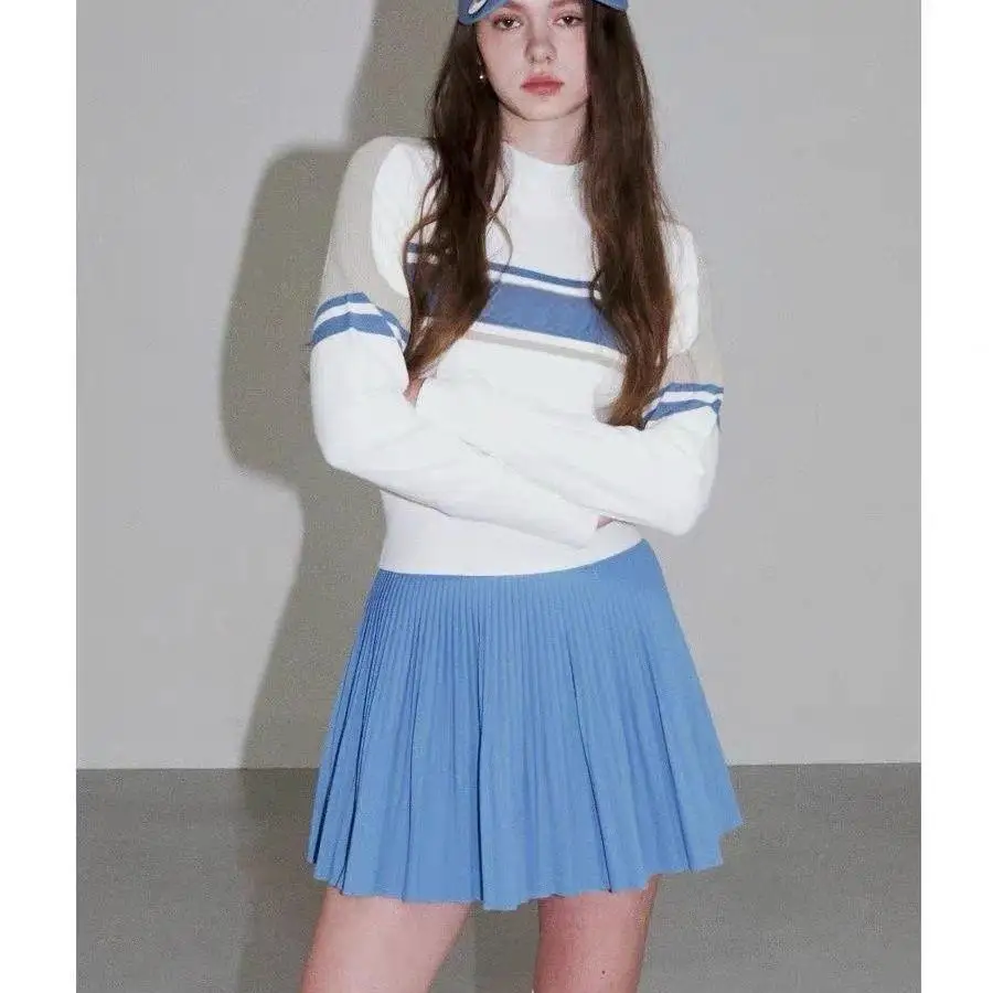 Ladies Fashion Golf Knit Sweater Crew Neck Color Matching Long Sleeve High Elastic Sports Top Spring Autumn