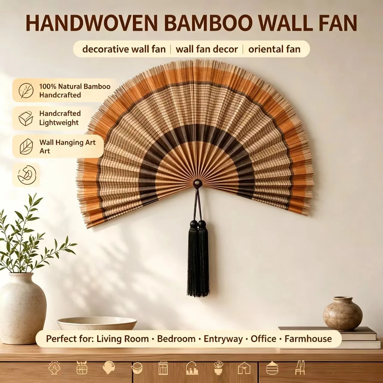 Handcrafted Natural Bamboo Wall Fan with Tassel Retro Gradient Striped Wall Decor for Bedroom Hallway Cafe Wall Art
