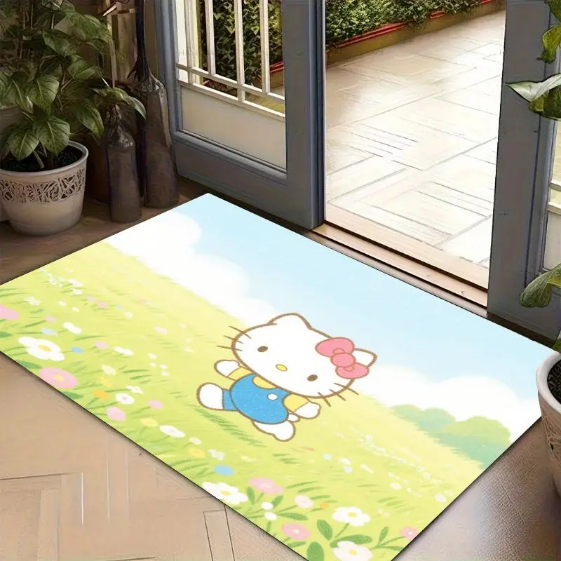 1pc bonito kawaii olá kitty sanrio anime personagem tapete, verde vibrante prado & flor design antiderrapante área tapete (50x80cm/19