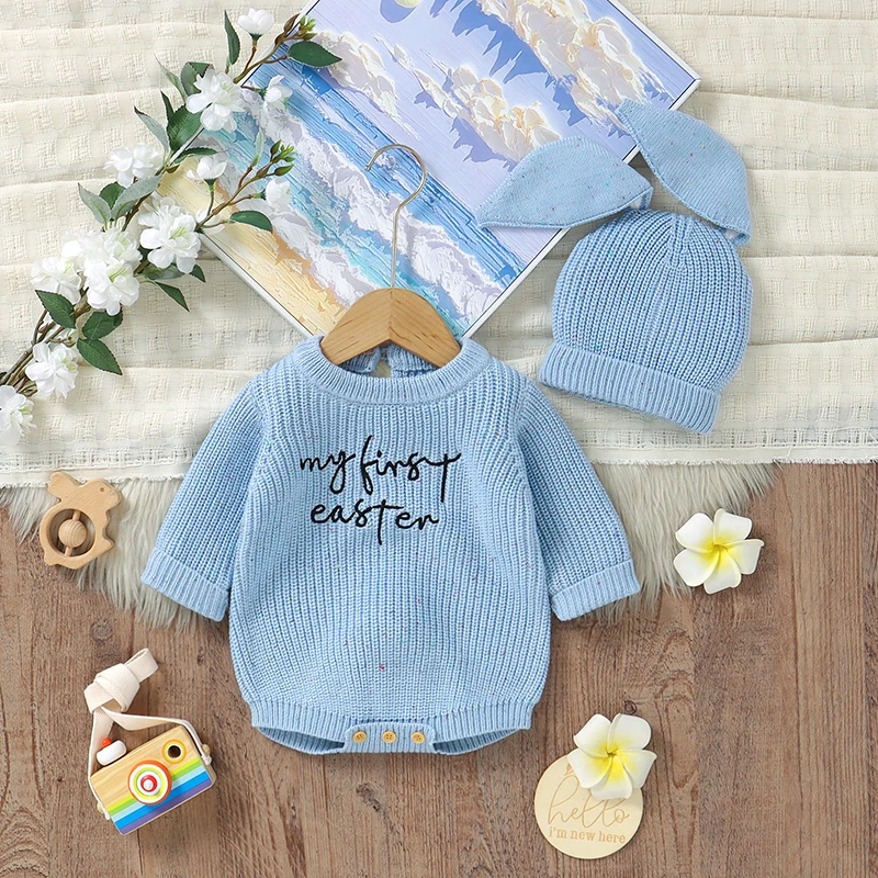 2pcs/Set Baby Rabbit Clothes 0-18m Casual Long Sleeve Knitted Newborn Boys Girls Bodysuits Hats Outfits Infant Costume Jumpsuits