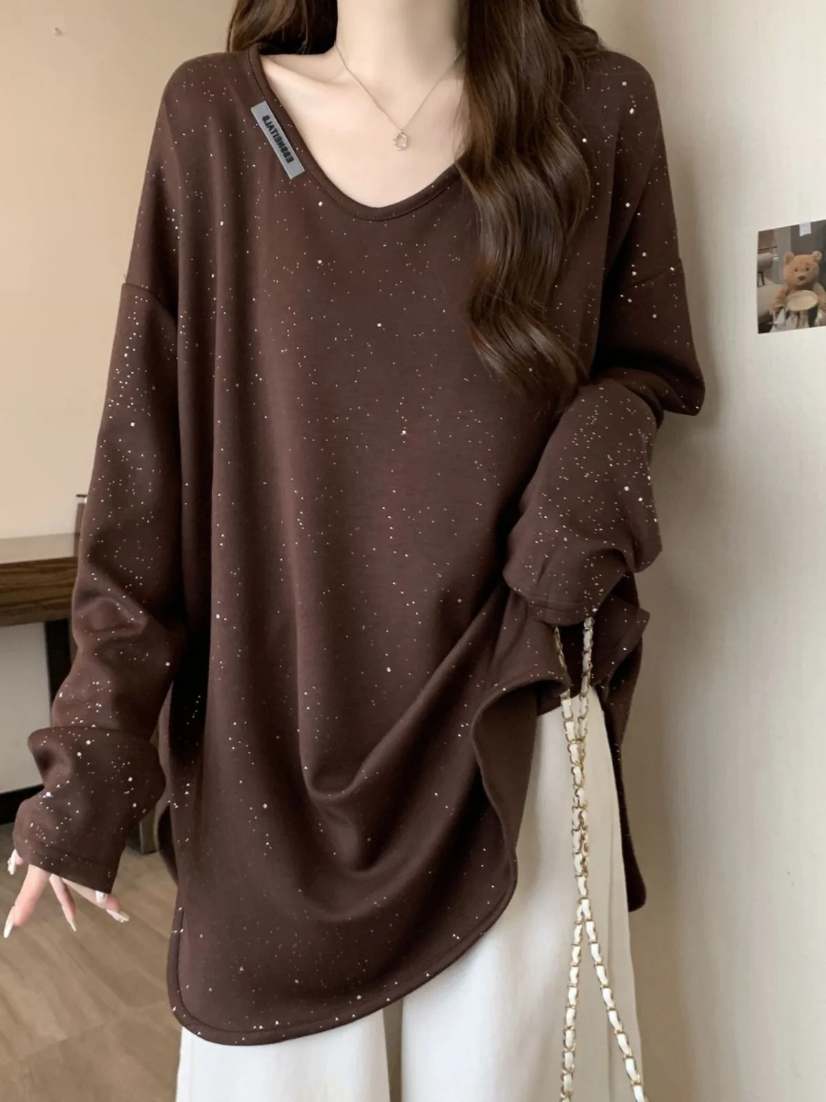 

Футболка iny Sequin Long Sve, женская свободная футболка с базовым слоем и V-Ne, полиэфирная ткань средней длины, осень-зима, большие размеры
