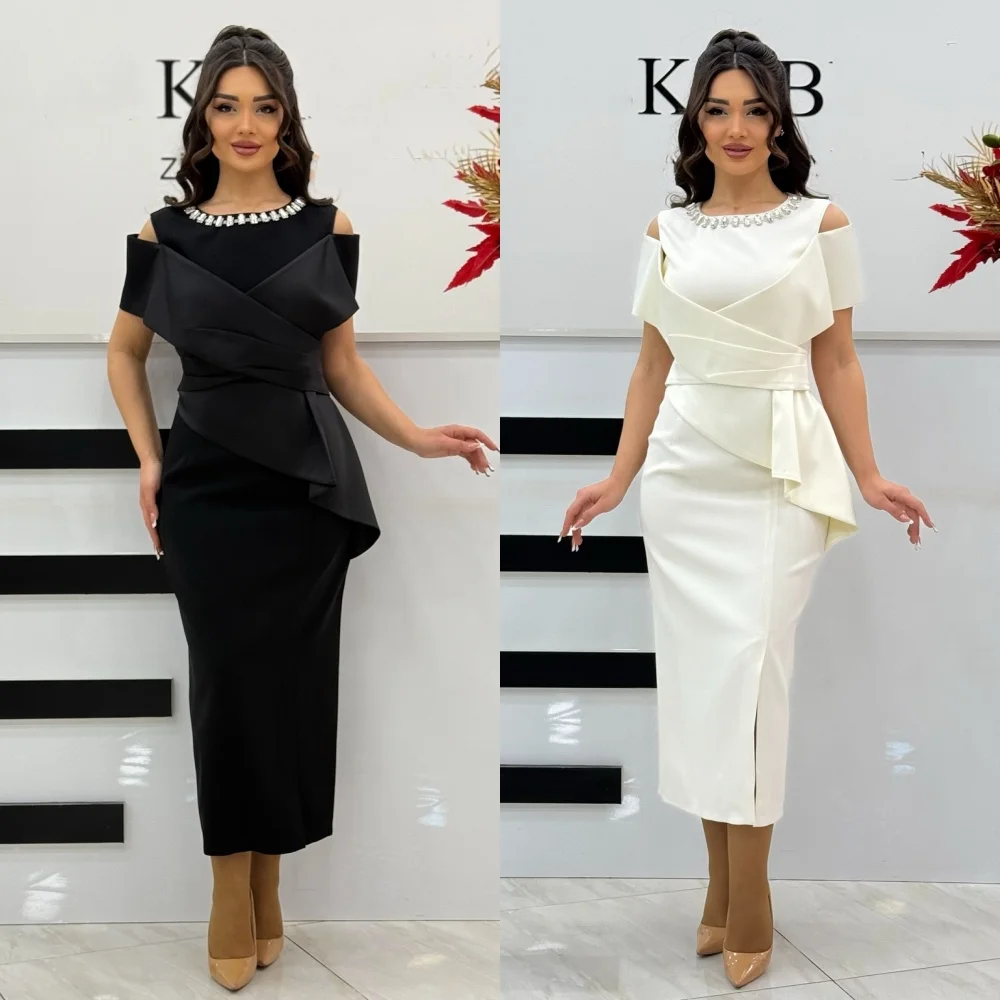 

Customized Fashion Intricate Jersey Draped Rhinestone Straight Scoop Neck Midi Dresses Bespoke Occasion Dresses High Quality