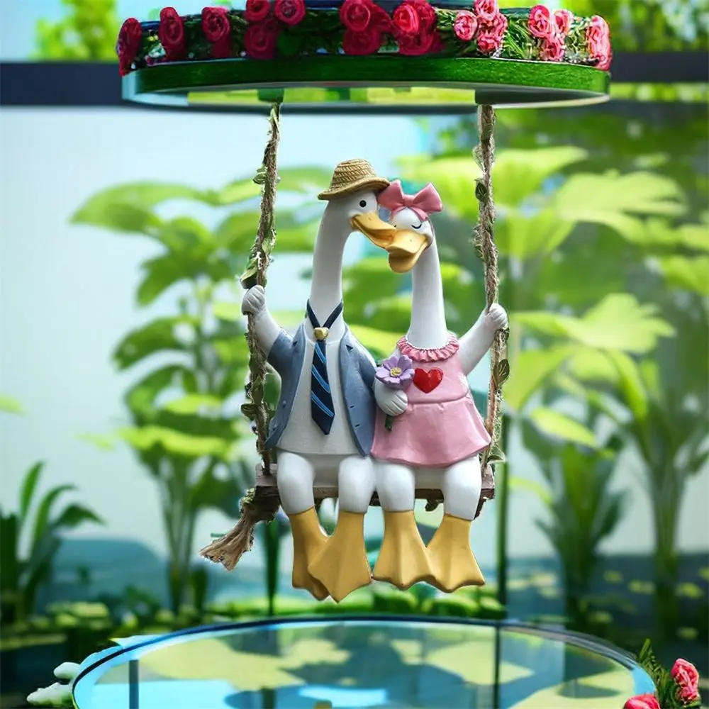 Funny Couple Duck Swing Garden Statues Goose Lovers Resin Sculpture Fence Decor For Home Office