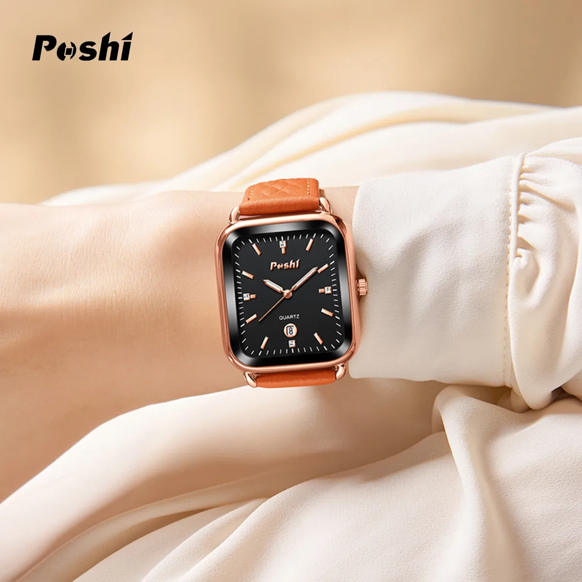 POSHI 패션 쿼츠 시계 여성용, 럭셔리 소프트 가죽 스트랩, 손목시계 달력, 심플 다이얼, 오리지널 시계