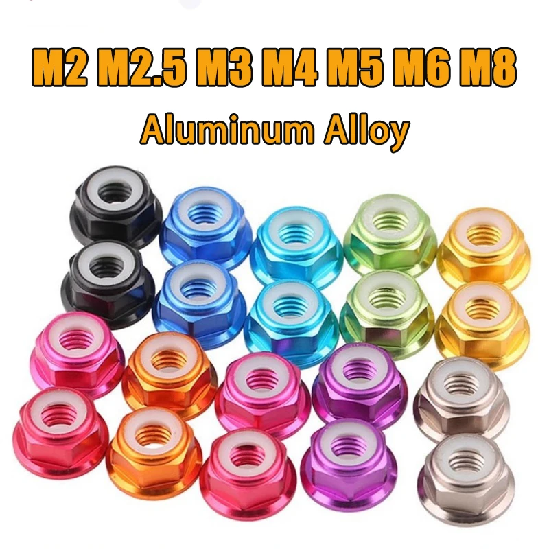10pcs M2 M2.5 M3 M4 M5 M6 M8 Colorful Aluminum Alloy Flange Nut Nylon Insert Lock Nut Self-locking Nut Anti-looseNut CW for RC