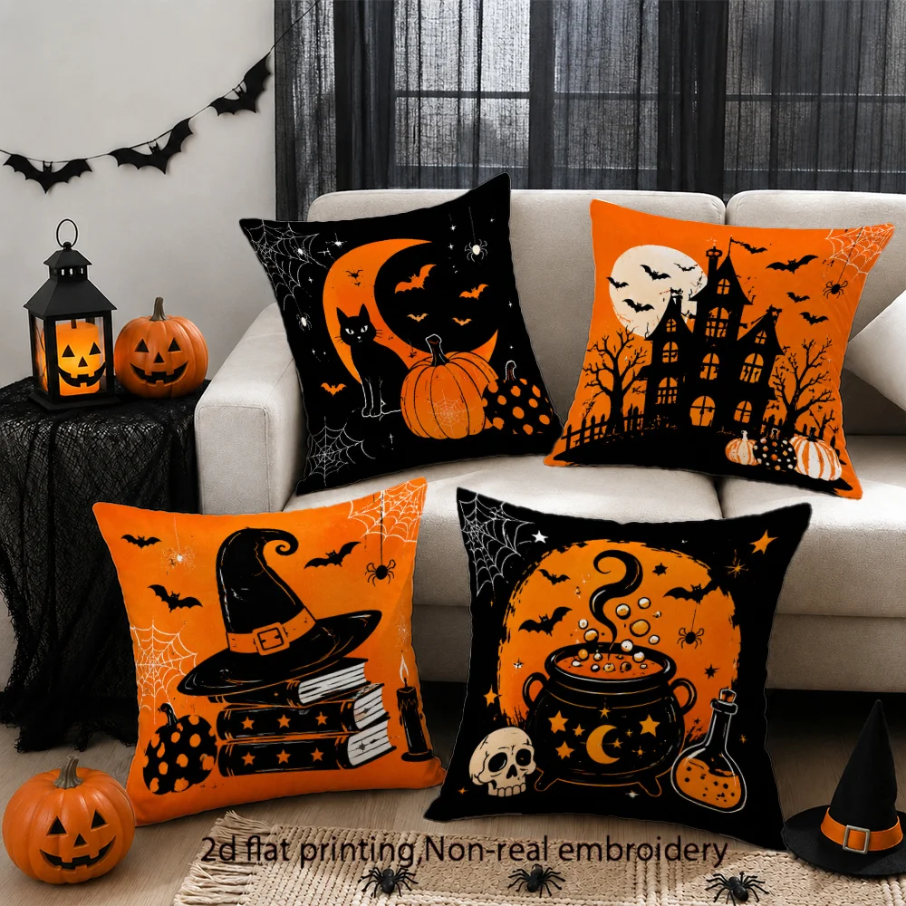 4pcs Retro Orange & Black Pumpkin Cat Witch Hat Cushion Covers Soft Peach Skin Zipper Closure Suitable for Halloween Sofa Decor