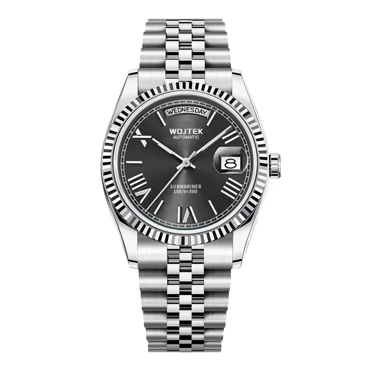 Automatic Mechanical Watch Steel Style Steel Watch with Day Date Calendar and Roma Number 43mm Fluted Bezel Jubilee Bracelet
