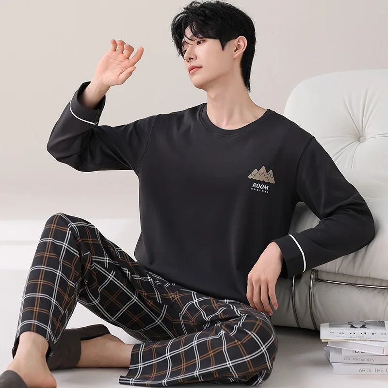 men's-pure-cotton-long-sleeve-sleepwear-casual-home-clothes-autumn-set-comfortable-breathable-soft-fabric-robe-pyjamas