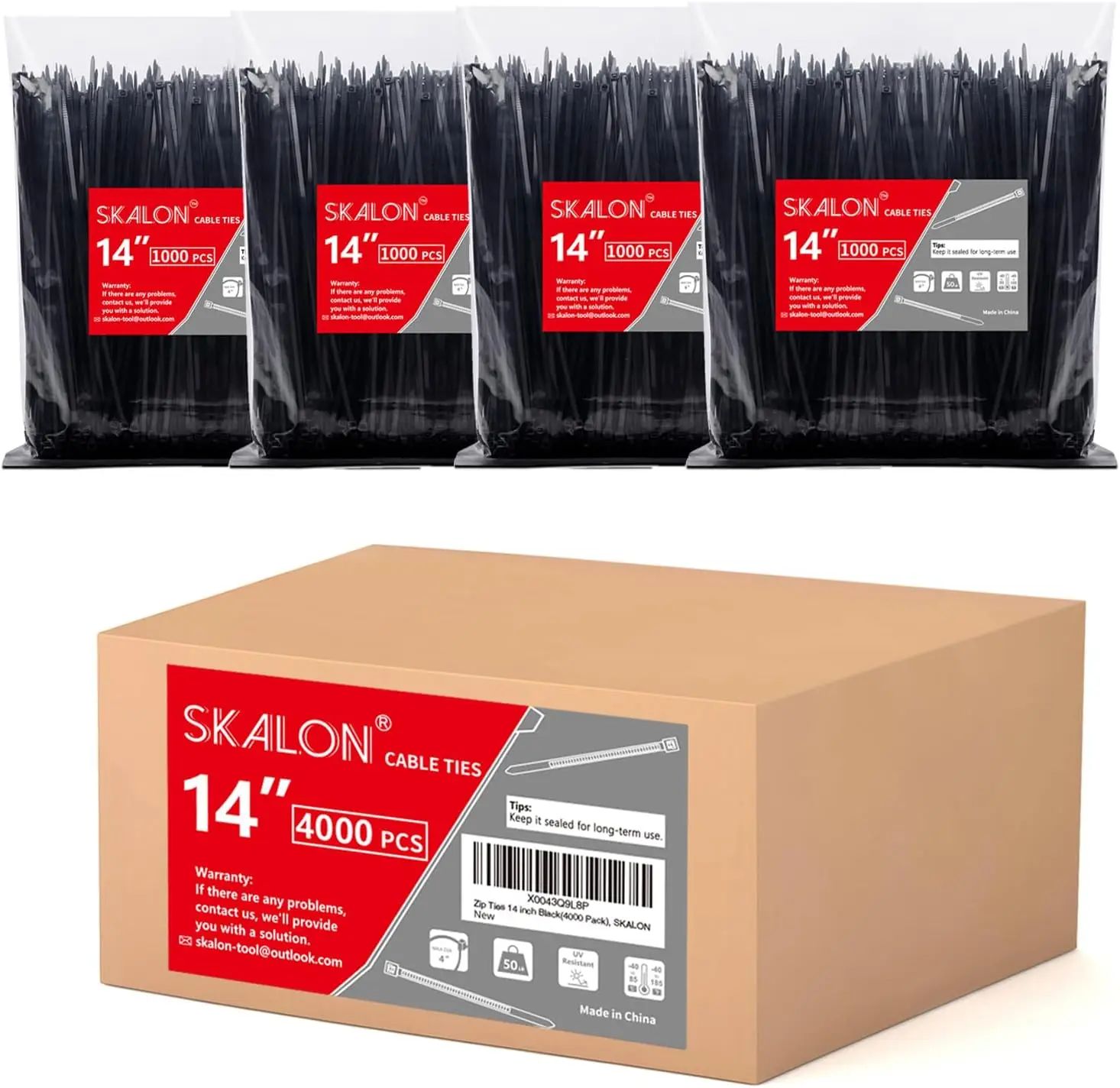 Zip Ties 14 inch (4000 Pack), 50 lb, UV Resistant Cable Ties, Black Wire Ties, Tie Wraps