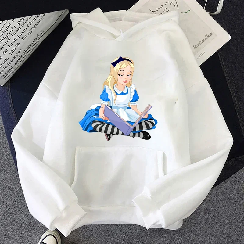 Harajuku Creative Funny Women Hoodies Disney Alice in Wonderland Print Fashion Casual Round Neck Pullovers Sweatshirts Tops