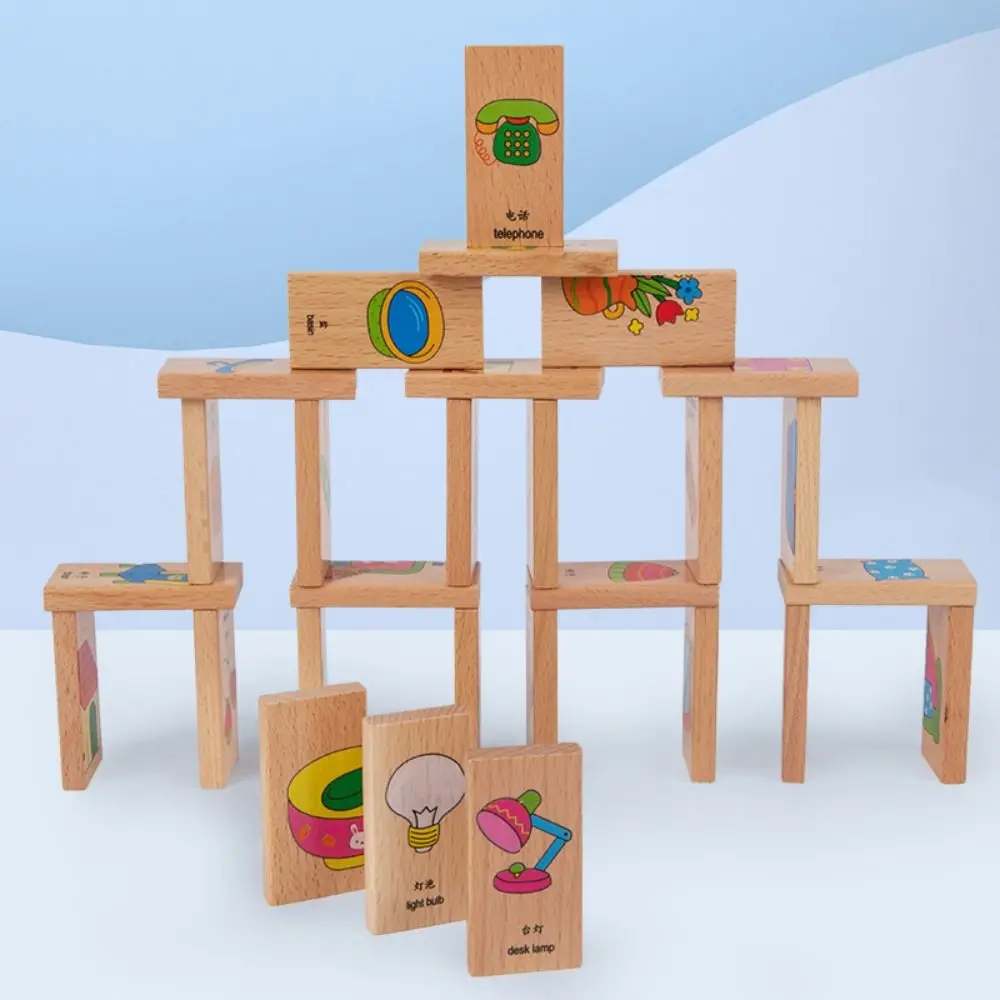 Montessori Wooden Domino Building Blocks Cognitive Early Educational Wood Animal Domino Puzzle Solitaire Animal