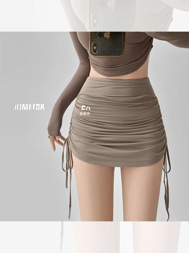 

Summer Spring Tea Dstring Pleated Skirt Women's High Waist Slim A-Line Ultra ort Sexy Butt Covering Skirt