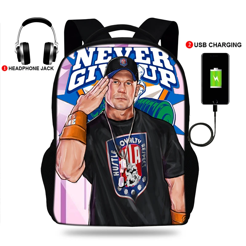 

USB Charger School Bags for Teenage Boys &Girls John Cena Classic Wrestling Print Backpack Mens Laptop Travel Rucksack