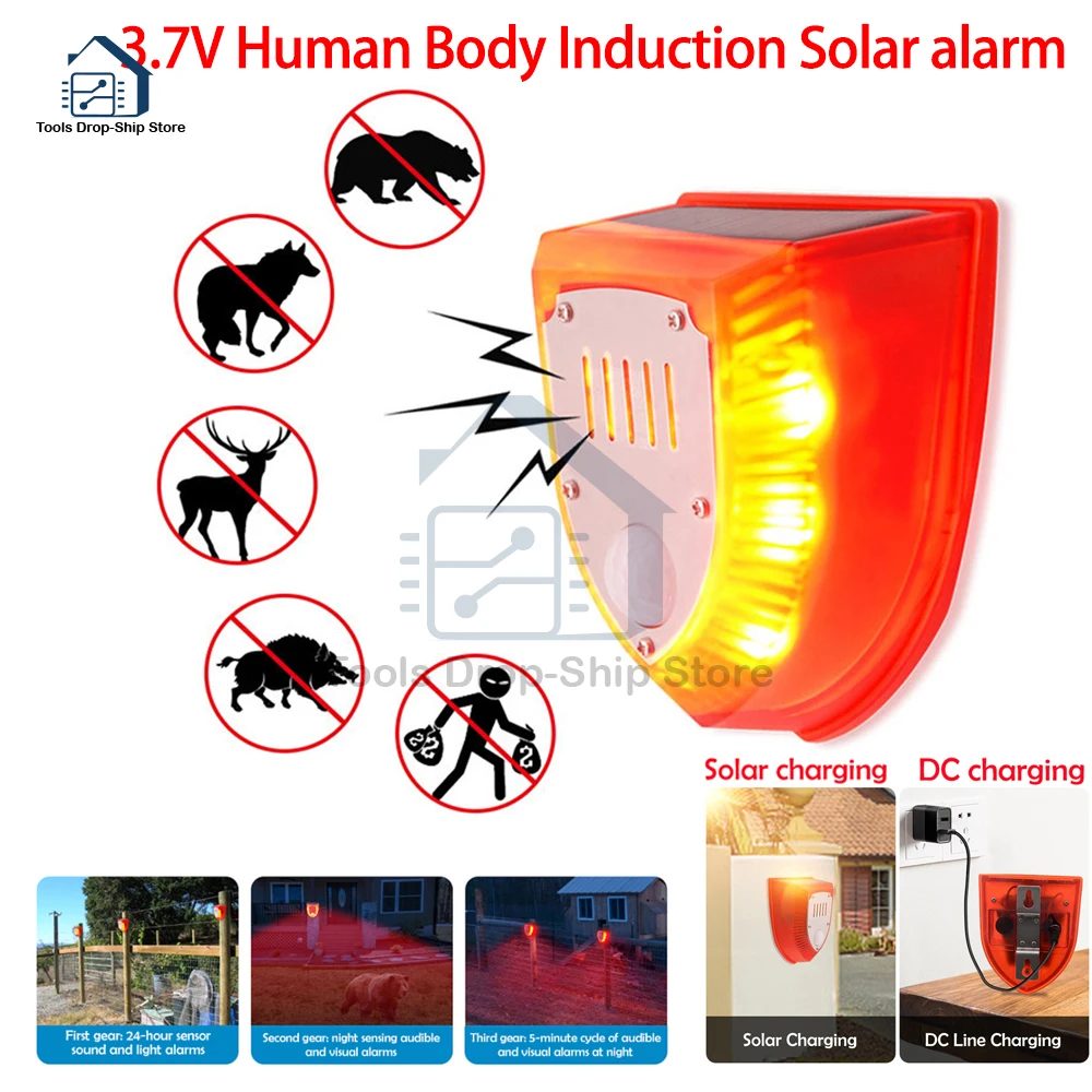 LED الشمسية إنذار ضوء طارد الحيوان مكافحة الخنزير البري محرك المهنية إنذار مكافحة سرقة وامض صفارة الإنذار مقاوم للماء الاستشعار إنذار #4