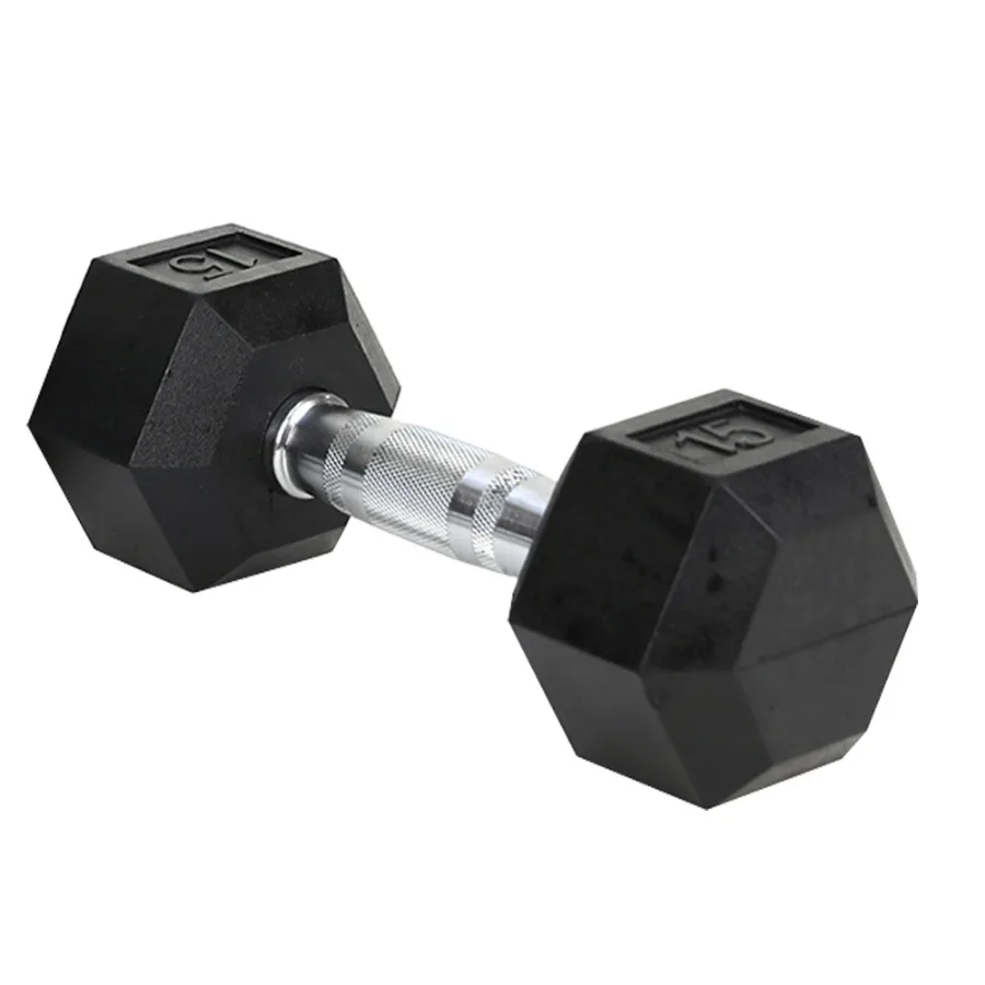 

15LB 1piece HDRS Rubber Coated Solid Cast Iron Dumbbell with Contoured Chrome Handle, Hexagon Head Support for self-pickup face