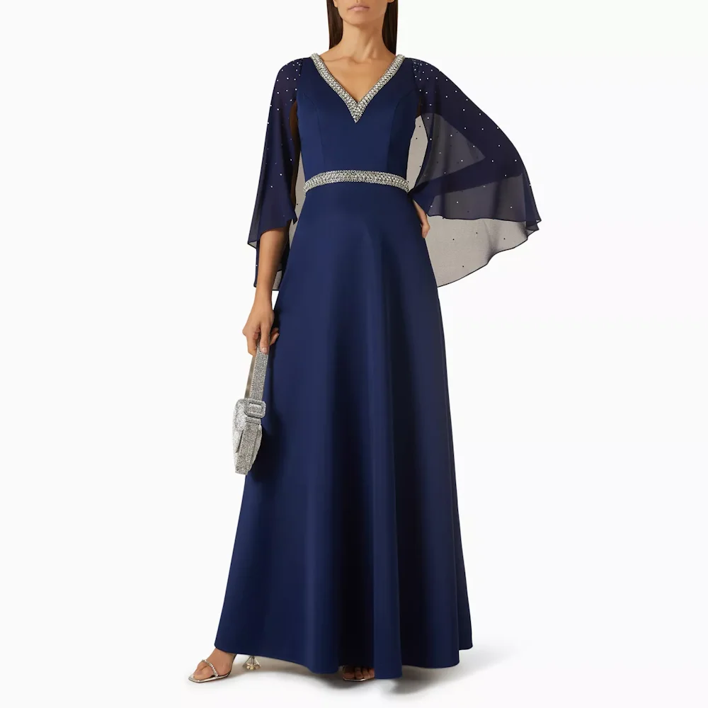 

Muloong Navy V Neck A Line Maxi Dress Crystal-embellished Ankle Length Classic Luxury Evening Dress Cape Sleeves Prom Gown